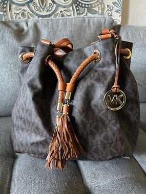 Michael Kors Brown Logo Tassel Drawstring Bucket Bag